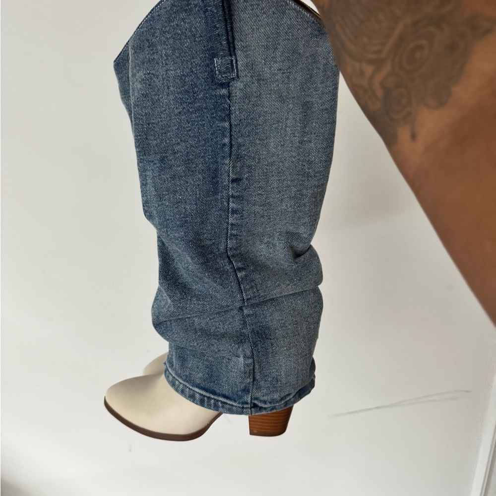 Blue Denim Knee-High Boots with White Heel